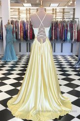 A Line V Neck Yellow Long Semi Formal Prom Dresses, Yellow Long Backless Formal Evening Dresses